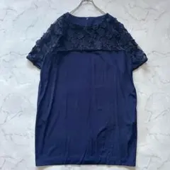 3L フェリシモ シロップ syrup. 花柄レース袖 ワンピース ネイビー