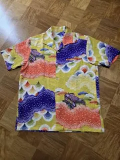 め0702着物リメイク木綿有松絞り鳴海疋田総絞大輪向日葵アロハシャツハンドメイド め0702着物リメイク木綿有松絞り鳴海疋田総絞大輪向日葵アロハシャツ