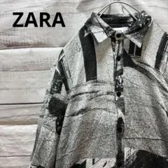 ZARA 総柄レーヨンシャツ グラフィック 個性的 白黒 お洒落 モノクロ