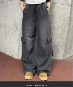 black denim wide cargo pants gimmick y2k - メルカリ