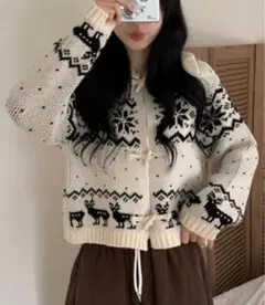 ノルディック柄 トグルボタン ニットカーディガン　アイボリー
