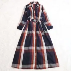 RADYAZEL レトロチェック柄 シャツワンピース ウエストベルト 赤系 M