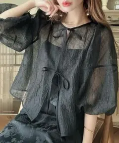 ワッシャーシアー2way リボンブラウス 黒 JUNOAH