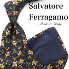 【美品】Salvatore Ferragamo ネクタイ 総柄 ネイビー 紺色