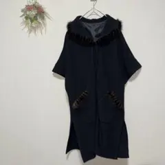 Recent Piece 【L】 ウール 半袖コート ミンクファー付き ブラック