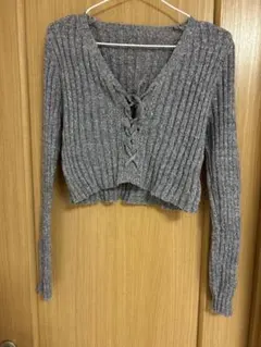 グレー クロップドセーター 長袖 リブ編み
