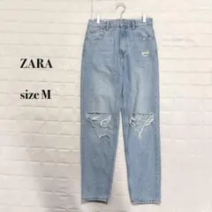 ZARA ダメージデニム ジーンズ ライトブルー M ワイドストレートクラッシュ