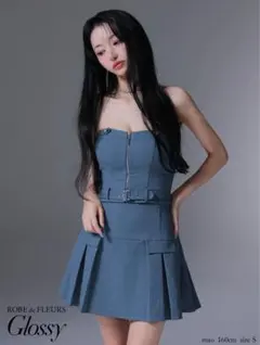 ROBE de FLEURS Glossy デニム風プリーツミニドレス