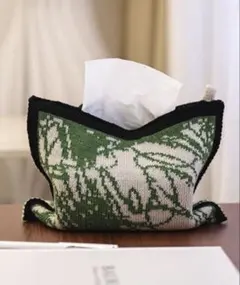 美品　レトロジャガードニットティッシュケース　グリーン