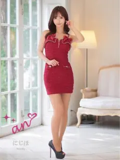 パイピングチェーンツイードフロントジップリボンタイトミニドレス