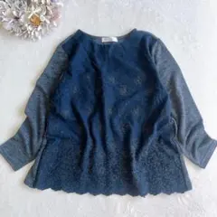 サナヤ◇花柄刺繍カットソー 異素材 レース スカラップ ウール混 ミセス F