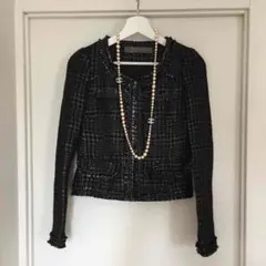 ZARA BASIC*ノーカラー ジャケット*千鳥柄*チェーン*ブラック