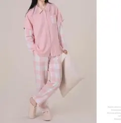 【新品】Yesfamily 綿100%チェック柄長袖ダブルガーゼパジャマ XL