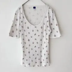 レア オールドネイビー 花柄 トップス リブ Tシャツ 半袖 M 白 アイボリーのサムネイル