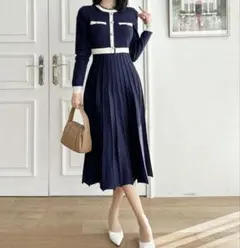 ニットワンピース 長袖 ネイビー