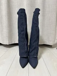 デニム 膝下ロングブーツ