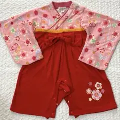 袴ロンパース　女の子　花柄　赤/ピンク　80cm