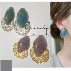 1008-b＊2way ブルー マーブル スクエア シルバー 透かしレース