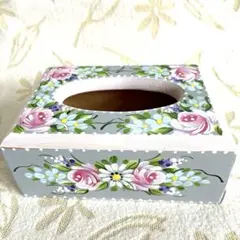 トールペイント ティッシュボックス ピンク&グレー