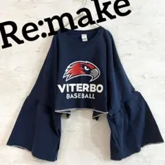 古着リメイク フレア袖 長袖Tシャツ 鳥 プリント ネイビー ビックサイズ 野球