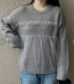 しまむら Lutique×akaru チュール重ねニットプルオーバー グレー M