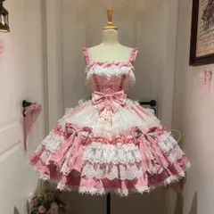 ロリータドレス ピンク フリル レース　ジャンスカ　甘ロリ
