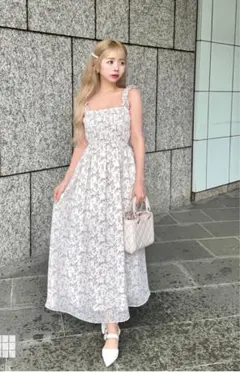 タグ付　GLRフリルショルダー花柄フレアワンピース