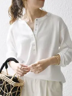 SHIPS any:ワッフル ヘンリーネック ラウンドヘム プルオーバー