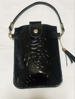 ブラック花柄エンボススマホショルダーバッグ