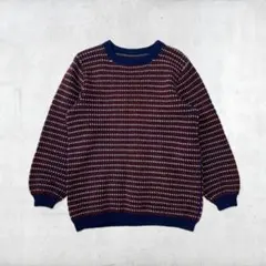 プルオーバー 編み込み 赤 ネイビー 長袖 古着 レトロ ユニセックス