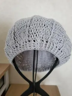 ベレー帽 リサイクルコットンライトグレー かぎ針手編み ハンドメイド
