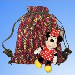 ハンドメイド　編み物　ナップサック　ピンク　マーブル