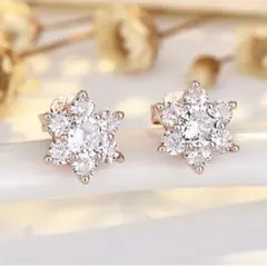 最高級 CZダイヤ 雪 花 フラワー キラキラ ピンクゴールド ピアス