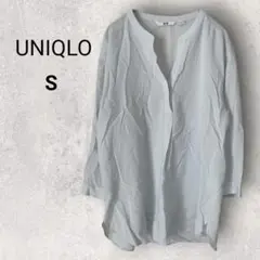 ユニクロ 7分袖 レーヨンスキッパーブラウス S ライトブルー 無地 シンプル