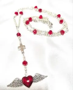 ハンドメイド メタリック ゴシック 赤 ハート 翼 ロザリオ 十字架