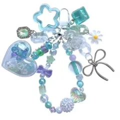 ビーズストラップ マリンブルー じゃらじゃらキーホルダー スマホストラップ