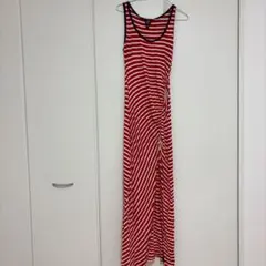 ̖́- 赤と白のストライプ ノースリーブワンピース ロングワンピ【M】