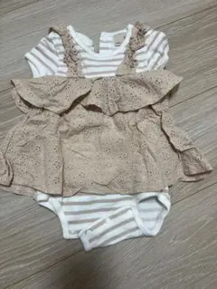 petit main フリル付きロンパース 重ね着風 ボーダー ベージュ 70