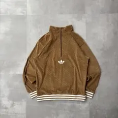 adidas トレフォイル 総柄 ベロア ハーフジップ トラックジャケット 茶色