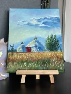 「草原ふるさと」　手描き　肉筆　油絵　風景画　原画　油彩画