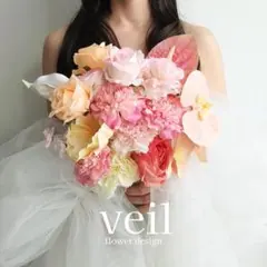 ウェディングブーケ　造花　結婚式　前撮りブーケ　胡蝶蘭　ピンク　オレンジ　バラ