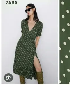 Zara ザラ✨ オリーブグリーン ドット柄 半袖スリット ロング ワンピース