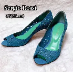 【美品】Sergio Rossi オープントゥ パンプス 23cm ブルー 2のサムネイル