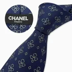 CHANEL シルクネクタイ 小紋柄 幾何学柄 ネイビー