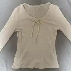 アイボリー リボン付き 長袖トップス Mサイズ