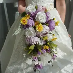 2点セット高級　シルクフラワーウェディングブーケ　白紫　造花ブーケ記念日の装飾