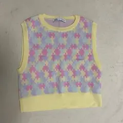 【美品】ZARA パズル柄ショート丈ニットベスト