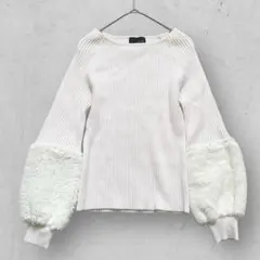 f1283【グランターブル】異素材ドッキングリブニット　袖ファー　長袖　ウール