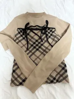 チェック柄フロントオープンリボンニットトップス[ru1374]