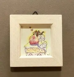 小さい原画　色鉛筆画　ショートケーキ　いちご　猫　額入り